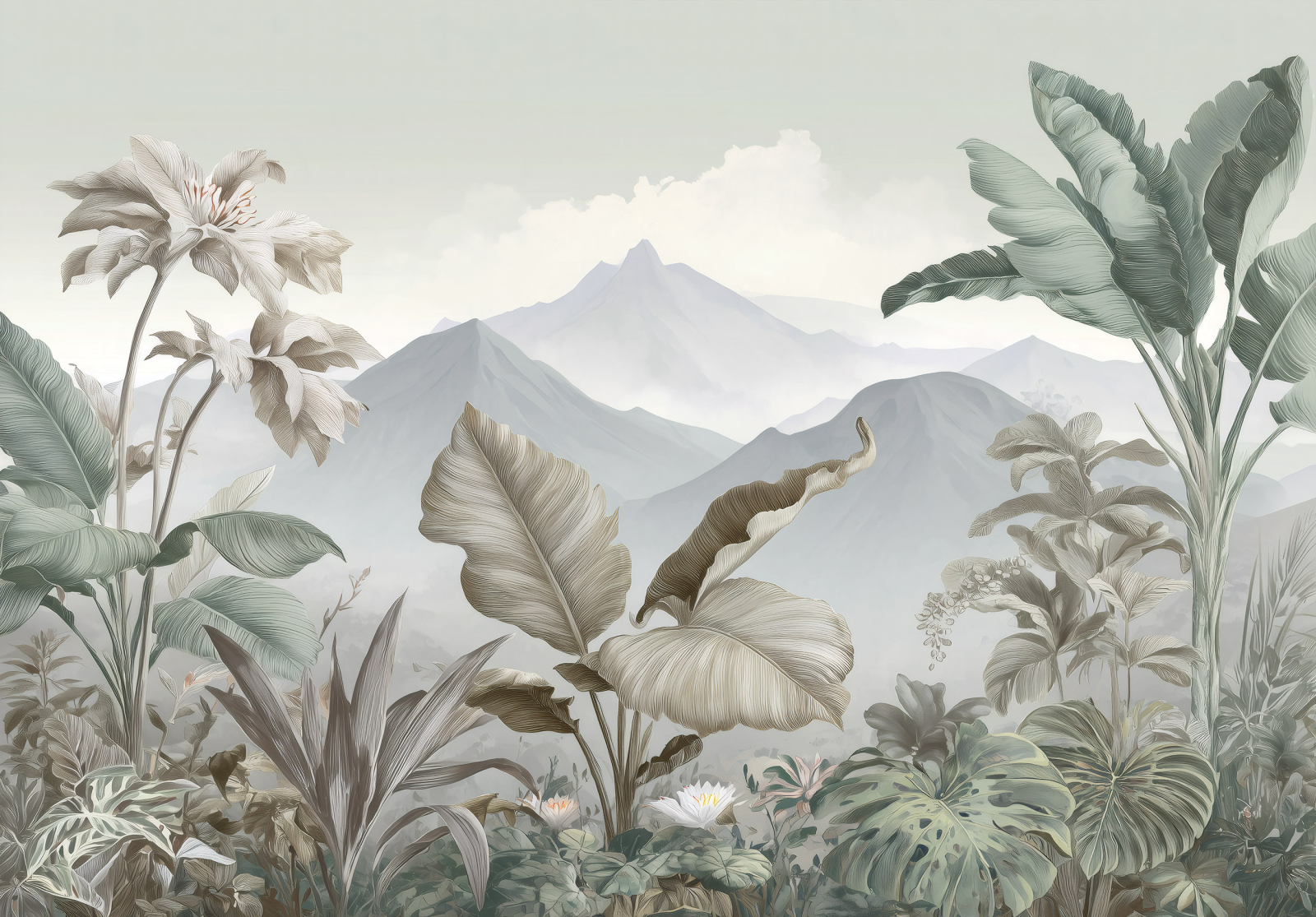 Фототапет Тропическа ботаника с планини в нежни пастелни тонове